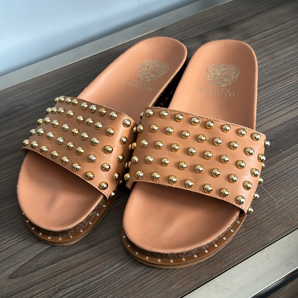Vince Camuto Tan Sandals with Gold Studs